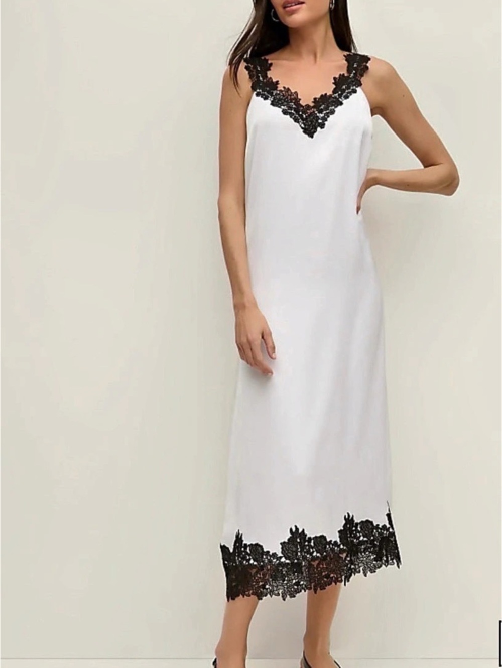 NWT Ann Taylor Lace Trim Satin Midi Slip Dress in White & Black Size 16